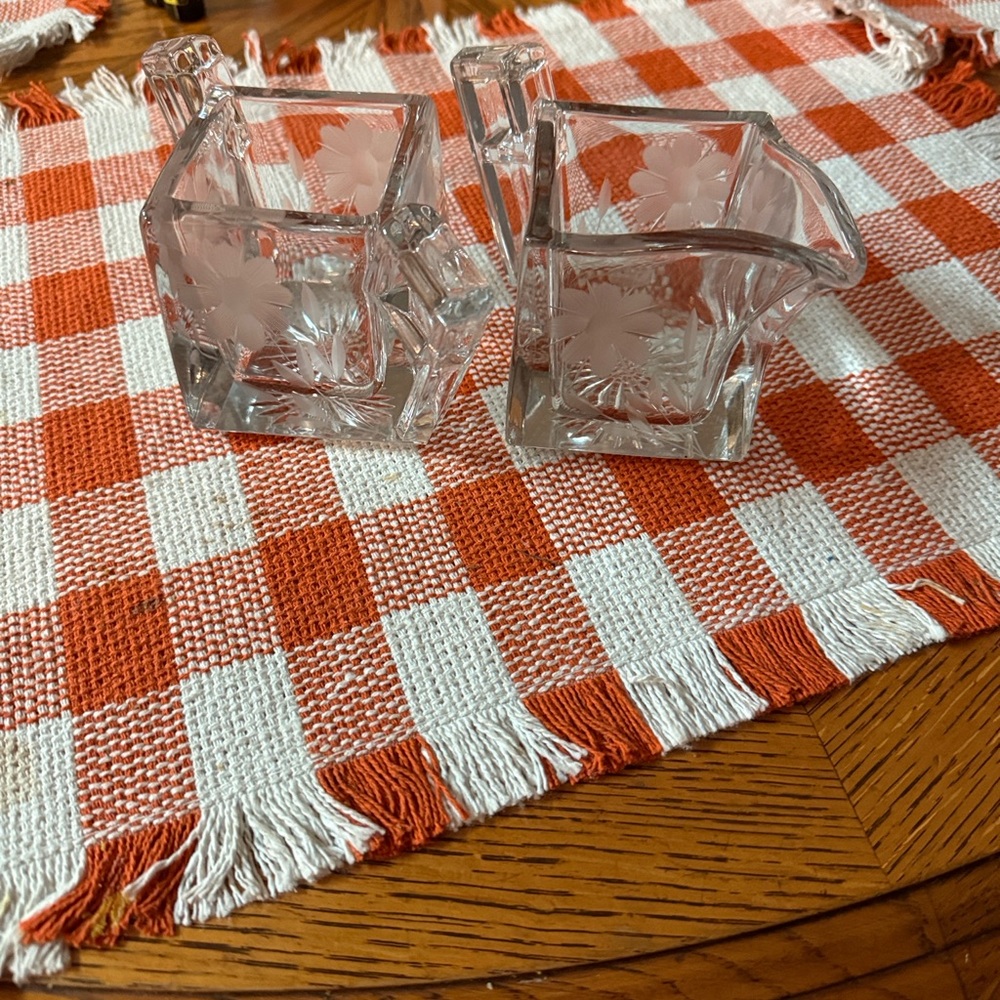 Vintage etched glass Heisey creamer and sugar bowl clear glass